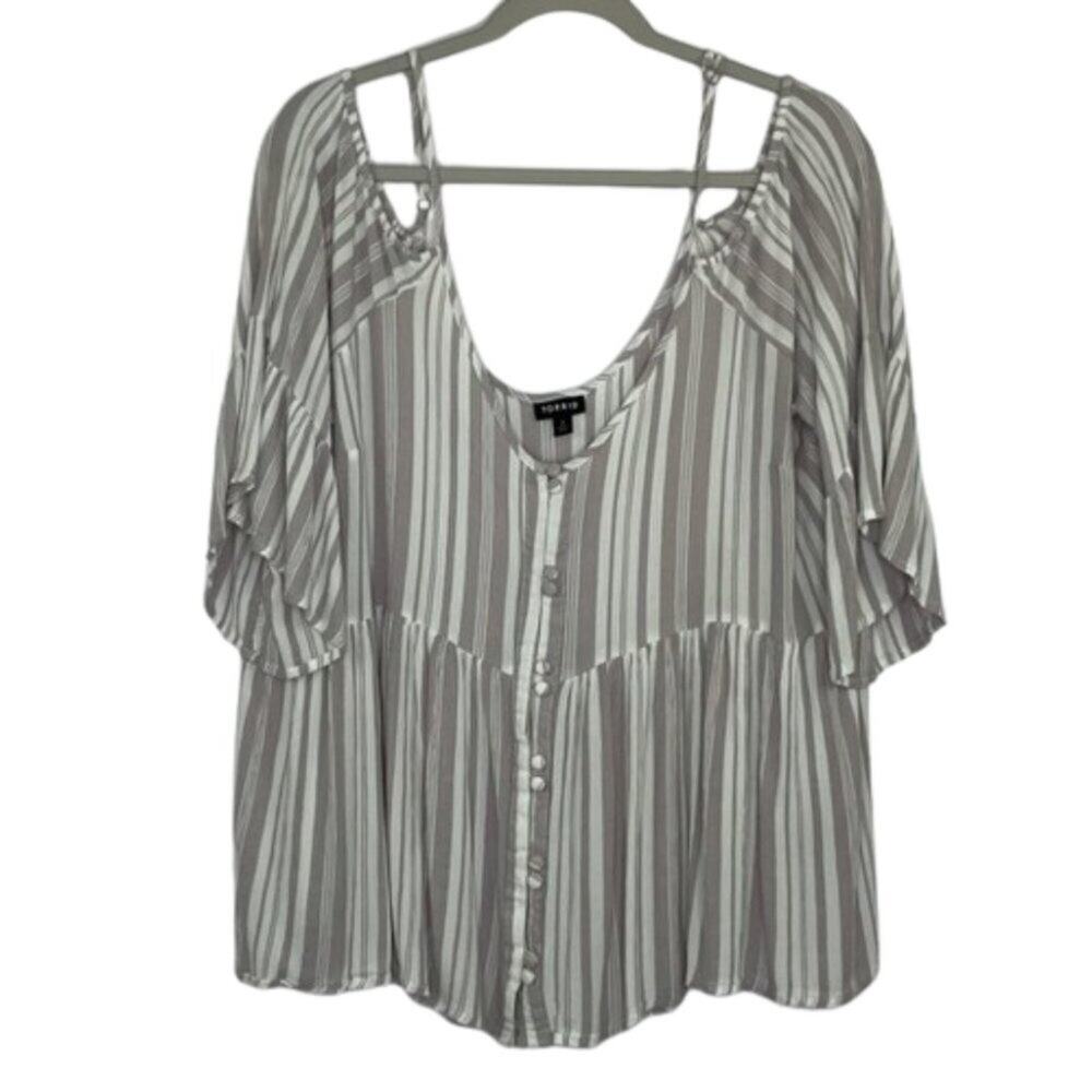 Torrid taupe striped cold shoudler button down gauzy blouse size 2